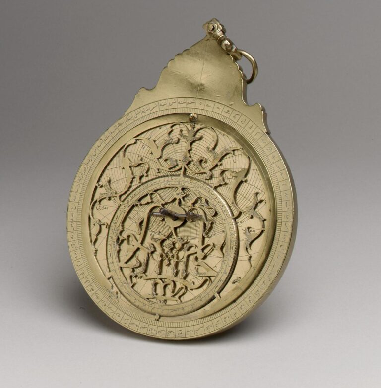 A brass planispheric astrolabe by Muhammad Zaman al-Munajjim al-Asturlabi